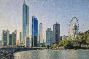 Azure Meridian: A Pointillist Study of Coastal Urbanity
