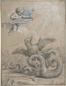 Design With An Eagle Fighting With A Serpent And A Putto In The Sky Holding An Inscribed Banner — Pietro Da Cortona