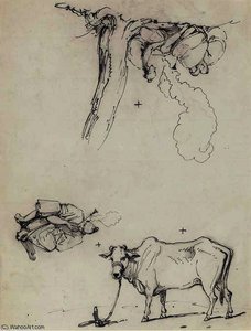Oriental Landscape With Two Cows Resting Before A Hut — George Chinnery