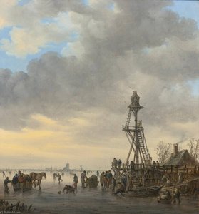 A Wooden Landing Stage on a Frozen River, Churches and a Windmill at left on the Distant Shore