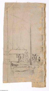 Figures On Dock With Sailboat — William H. Johnson
