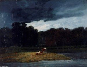 Landscape - A Wood And Cattle Under A Stormy Sky