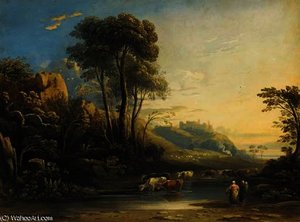 An extensive wooded landscape with cattle watering and a castle beyond