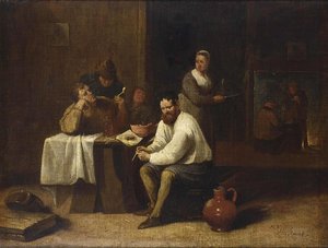 Peasants Sitting Around A Table And Smoking, Figures Near A Fireplace In The Background
