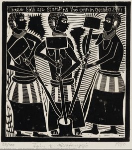 Three Girls Stamping The Corn In Ovambo — John Muafangejo
