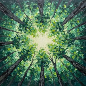 Radiant Canopy Convergence: A Meditative Study of Verdant Light and Impasto Texture
