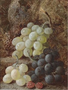 Grapes And Raspberries; And Spring Flowers In A Wicker Basket, On A Mossy Bank — Vincent Clare