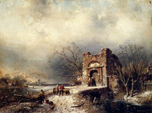 Villagers On A Frozen Path — Charles Henri Joseph Leickert