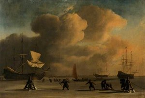 A Frozen Waterway With Three Ice Bound Ships — Willem Van De Velde The Younger