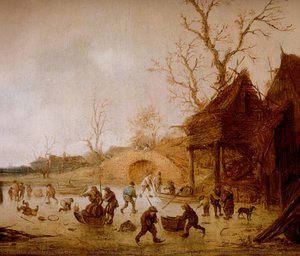A Winter Landscape with Skaters, Children Playing Kolf and Figures with Sledges on the Ice near a Bridge