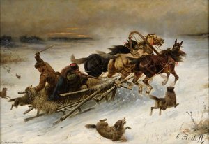 The Horse Sleigh Attacked by Wolves