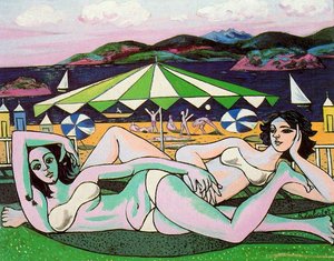 Bathers On The Beach Under Umbrella — Rafael Zabaleta Fuentes