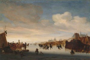 Winter Scene With Sledges And Skaters On A River — Salomon Van Ruysdael