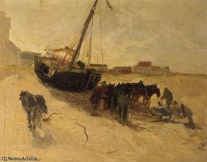 A Beach Scene With Horses And A Fishingsmack