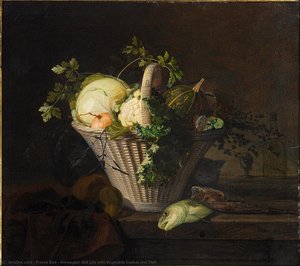 Norwegian Still Life With Vegetable Basket And Fish — Frants Bøe