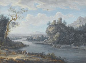 A river landscape with anglers in the foreground and travellers on a path beyond