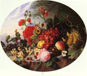 Still Life With Fruit And Flowers On A Rocky Ledge — Virginie De Sartorius