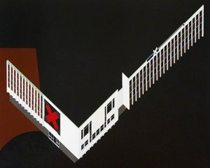 Black Elegy Axonometric Facade with Red Cross (installation)