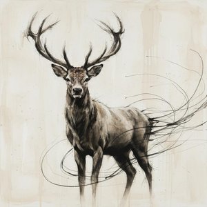 Ethereal Resonance: The Majestic Stag Amidst Spiraling Ink and Sepia Shadows