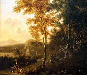 Edge Of A Forest With Hunters — Frederick De Moucheron