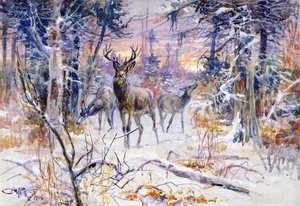 Deer In A Snowy Forest — Charles Marion Russell