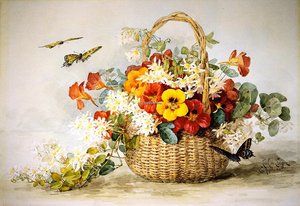 Nasturtiums, Jasmine And Butterflies — Raoul De Longpre