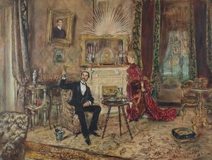 Makart salon interior, with a lady and a seated gentleman