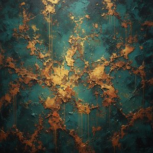 Ecos Dorados Fragmentados Entre El Azul Petróleo Profundo De La Decadencia Eterna — David Moreau, Abstracto Contemporáneo