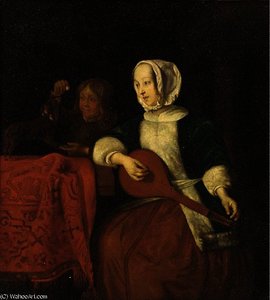 A Lady Playing A Lute With A Boy And His Dog Behind — Gabriel Metsu