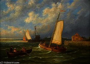 Sailing Boats And A Row Boat Off A Harbor — William Raymond Dommersen, Impressionism