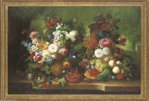 Hollyhocks, Roses And Other Flowers In A Vase — Thomas George Webster