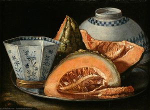 A Still-Life with Melon, an octagonal blue and white cup on a Silver Charger