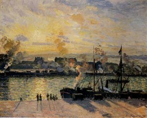 Sunset, The Port Of Rouen (also Known As Steamboats) — Camille Pissarro, Impressionism