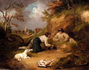 Two Men Hunting Rabbits With Their Dog A Village Beyond — George Morland