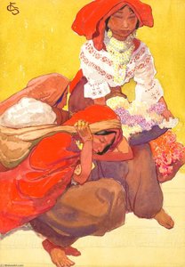 Women In Regional Costume, Indians, Cuenco, Ecuador — Carl Folke Sahlin, Ethnographic Painting