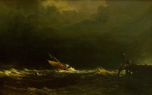 Sailing Boat In Rough Seas Off A Jetty — Anthony V. C Fielding, Romanticism