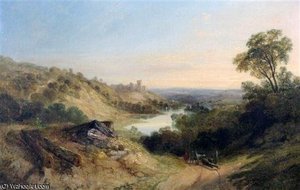 Extensive River Landscape With Figures Hauling Timber On A Track — George Cole Senior