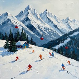 Alpine Resonance: A Monumental Impasto Study Of Winter Motion And Crimson Accents — Christian Noiret, Contemporary Abstract Painting
