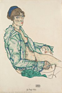 Mujer Sentada Semi-nuda Con Bandera Azul — Egon Schiele, Expressionist Painting