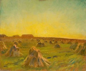 Sunset Over A Harvest Field — Sir Alfred James Munnings, Impressionism