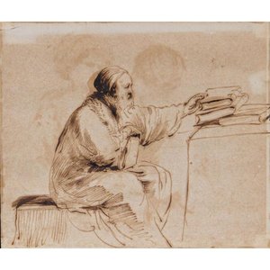 A Seated Man, Placing Books On A Table — Guercino