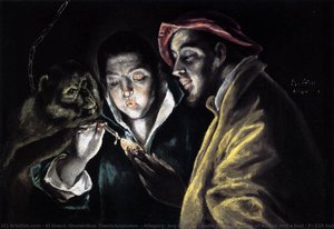 Alegría: Un Niño Enciende Una Vela En Compañía De Un Mono Y Un Bardo — El Greco