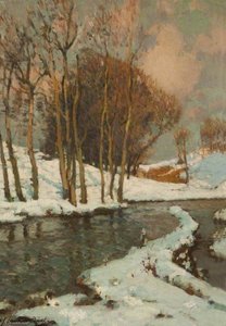 Trees In The Snow By A River — Samuel John Lamorna Birch