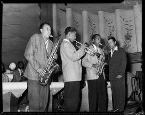 Lucky Thompson, Dizzy Gillespie, Charlie Parker, And Billy Eckstine Performing In The Aragon Ballroom — Charles Harris