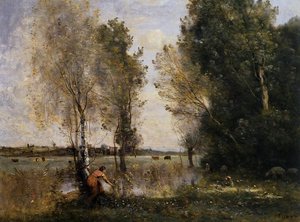 Woman Picking Flowers In A Pasture — Jean-baptiste-camille Corot