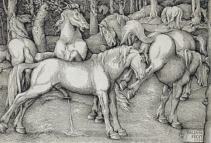 Stallion And Kicking Mare With Wild Horses — Hans Baldung