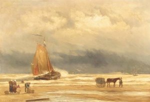 A Coastal Scene With A Shell Fisher, Fishmongers And A Bomschuit In The Surf — Johannes Hermann Barend Koekkoek