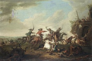 A cavalry skirmish with figures firing from the rooftop