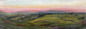 Landscape With Green Fields, A Distant Hilltop Village And A Pink Sky — Caroline Emily Gray Hill