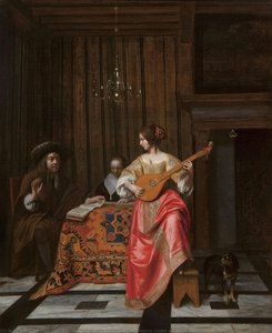 Una mujer con un cittern y un trío cantando en una mesa